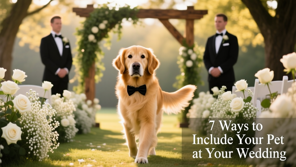 A golden retriever wearing a bow tie, walking down a flower-lined aisle with two handlers