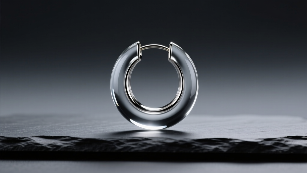 Clear borosilicate glass hoop earring resting on dark slate, lit by soft studio light to show its smooth, highly polished edges