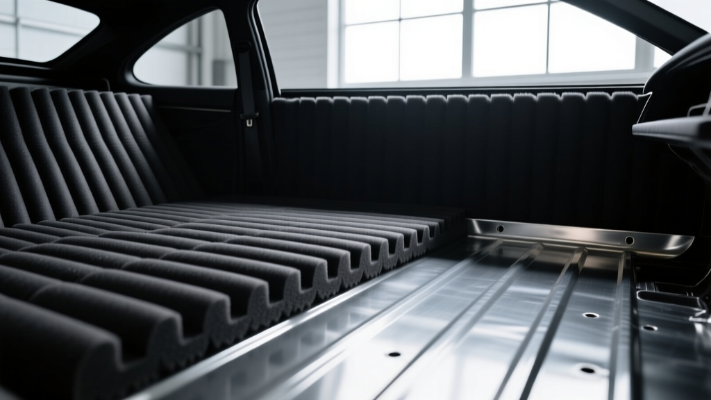 Close-up of matte black closed-cell foam insulation panels being applied to the bare metal floor pan of a stripped vehicle interior