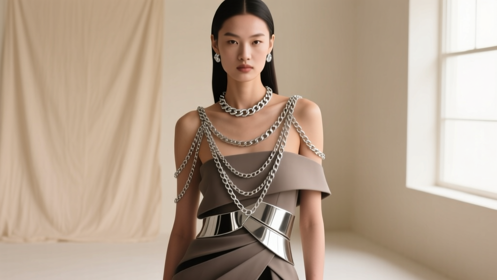 Model wearing an asymmetrical stack of matte and polished 925 silver chains against a minimalist beige studio background