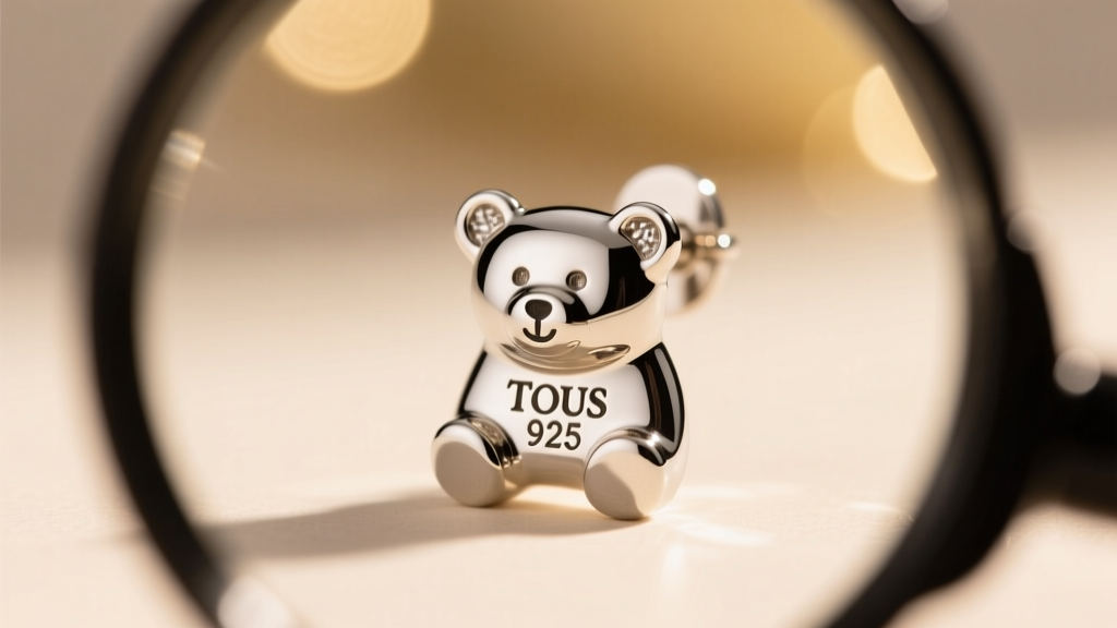 Loupe view of TOUS and 925 hallmarks stamped on the back of a genuine silver bear earring against a softly blurred background.