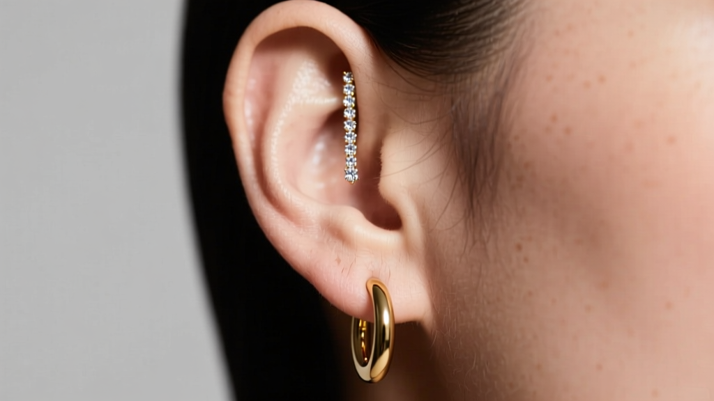 Close-up of an ear with two earrings: a 14k gold huggie in the lobe and a diamond threader above, soft studio lighting.
