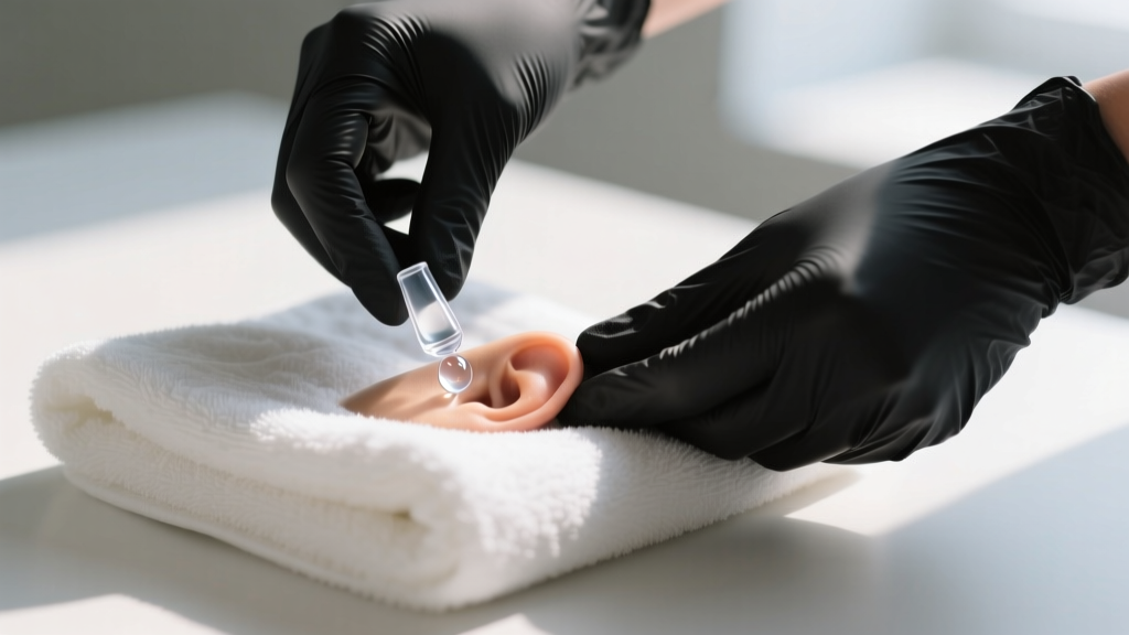 Hands in black nitrile gloves applying sterile saline to a stuck acrylic ear plug, a warm compress resting on a white towel.