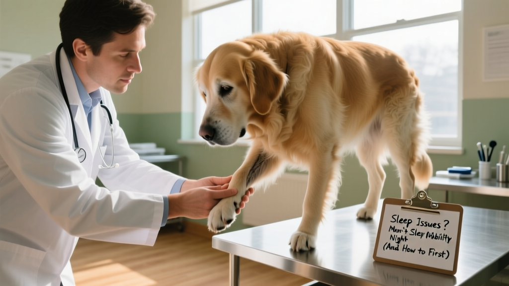 Veterinarian gently examining an older dog’s hind legs during a gentle physical exam in a calm clinic setting