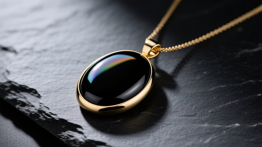 Polished black obsidian stone necklace pendant in a matte gold bezel, resting on dark slate with soft directional lighting.