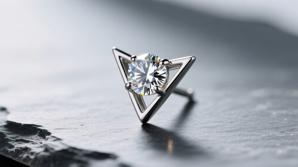 Macro shot of a platinum martini diamond stud earring on slate, highlighting the three-prong V-shape base and sharp facets.