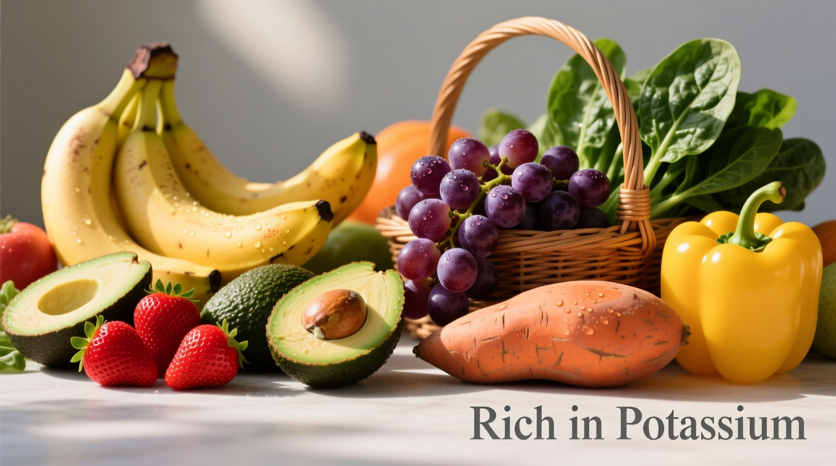 Colorful assortment of potassium-rich fruits and vegetables