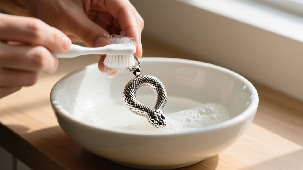 Hands scrubbing a textured titanium phiton necklace pendant with a soft-bristled toothbrush and soapy water in a ceramic bowl