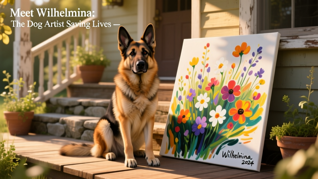 German Shepherd, Wilhelmina, sitting outside next to her painting of flowers