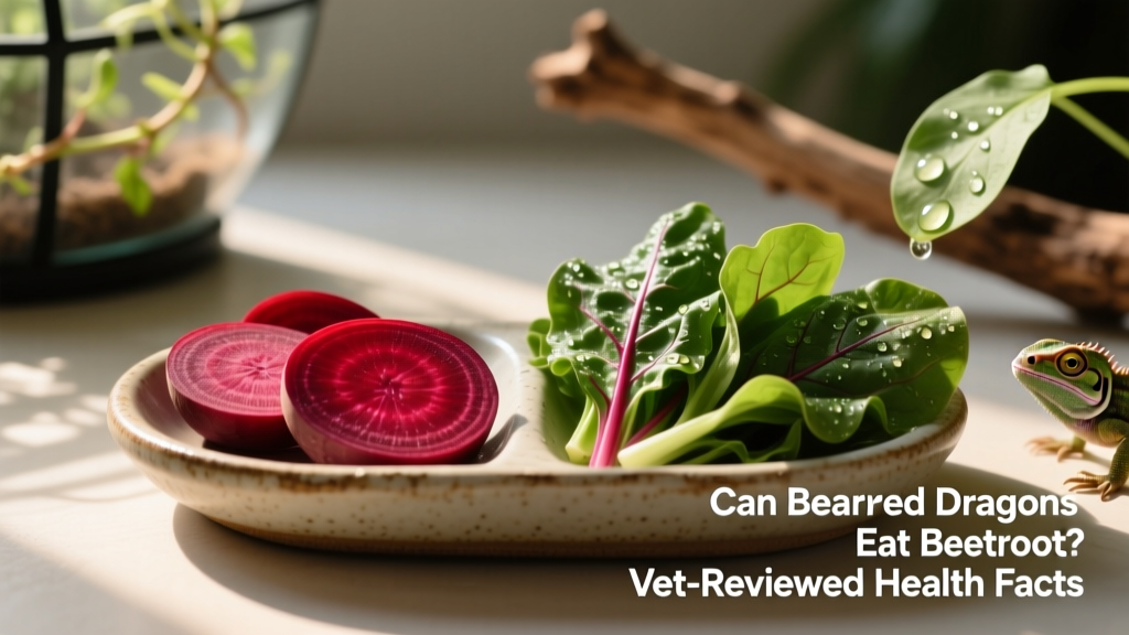 Side-by-side comparison: fresh beetroot slices next to calcium-rich leafy greens in a shallow feeding dish