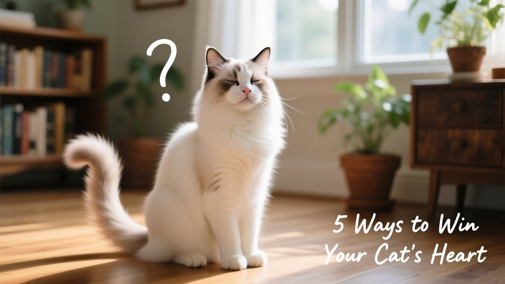Ragdoll cat sitting upright with tail held high and gently curved, eyes half-closed and relaxed