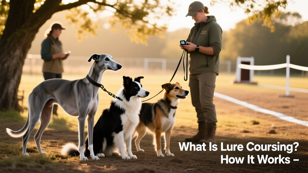 A group of diverse dogs—Greyhound, Border Collie, and mixed breed—waiting calmly in a shaded area before their turn on the lure course, with handlers nearby