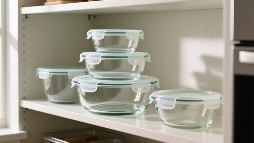 Pantry shelf displaying nested glass chopper bowls sealed tightly with translucent stretchable silicone storage lids