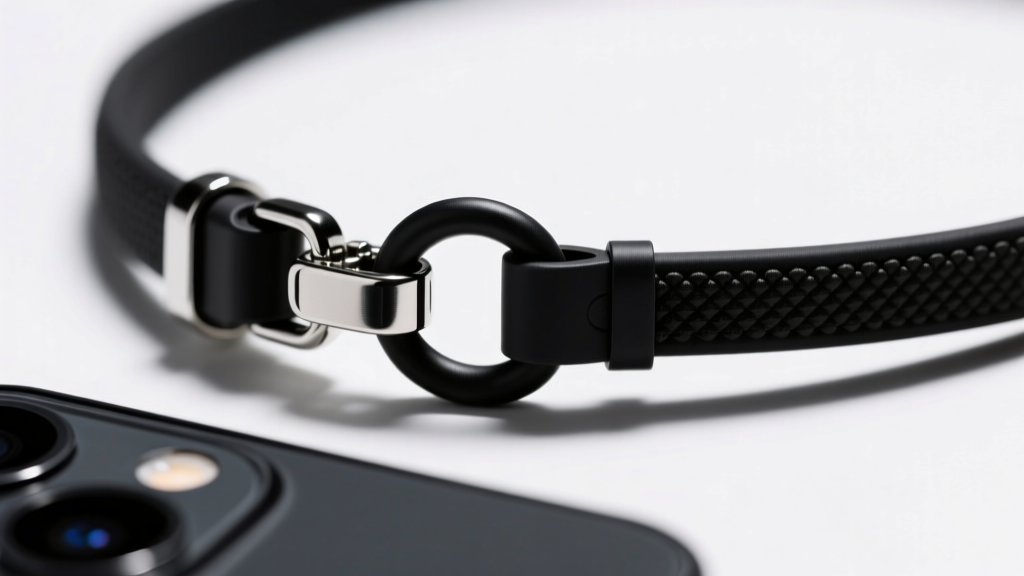 Macro view of breakaway safety clasp and reinforced TPU insert loop on a black phone necklace under bright studio lighting