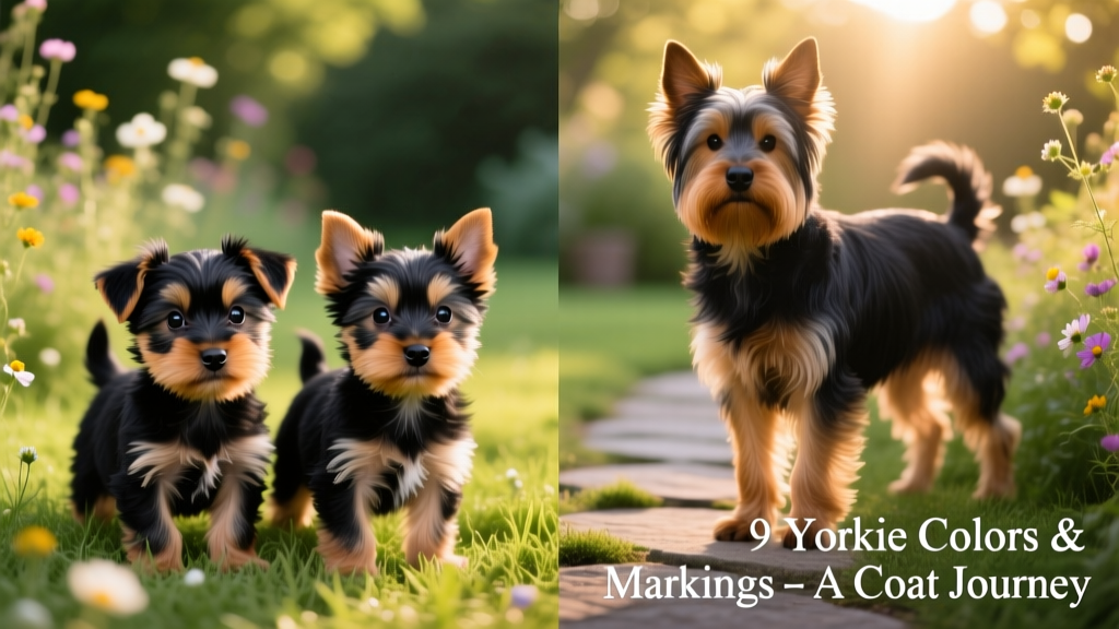 Side-by-side comparison of classic black-and-tan Yorkie puppies versus mature adults showing coat color transition