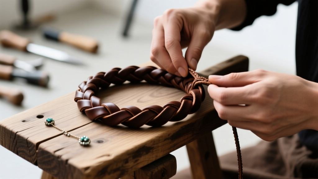Close-up of hands weaving four strands of dark brown vegetable-tanned leather cord into a round braid on a wooden jewelry bench.