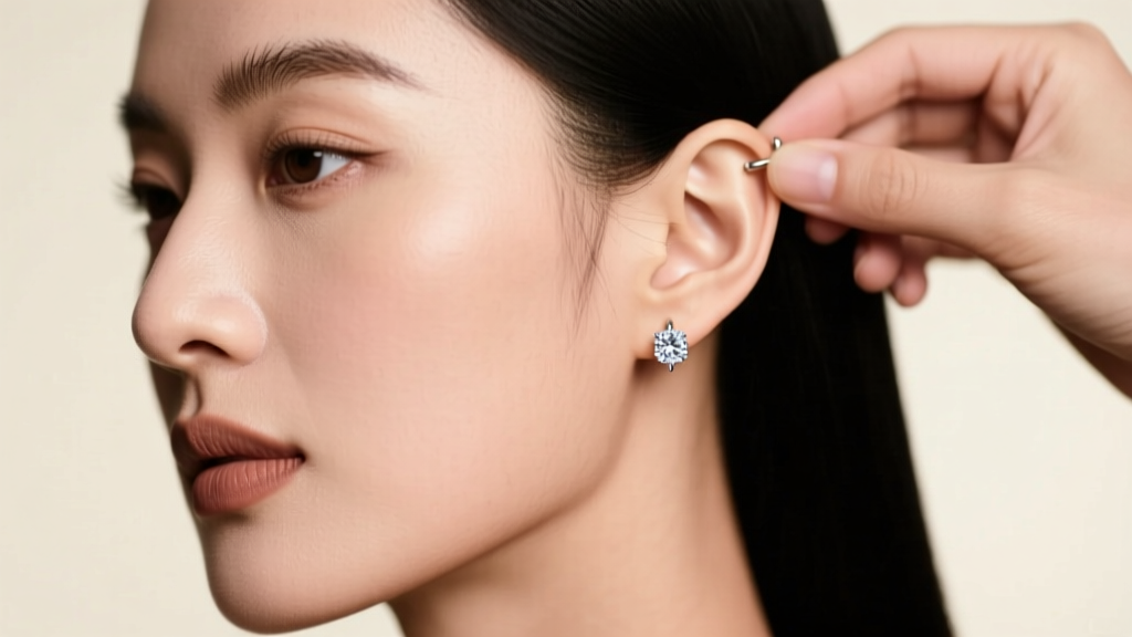 Profile portrait of a woman receiving a diamond helix hoop earring as a gift, soft studio lighting highlighting ear anatomy.
