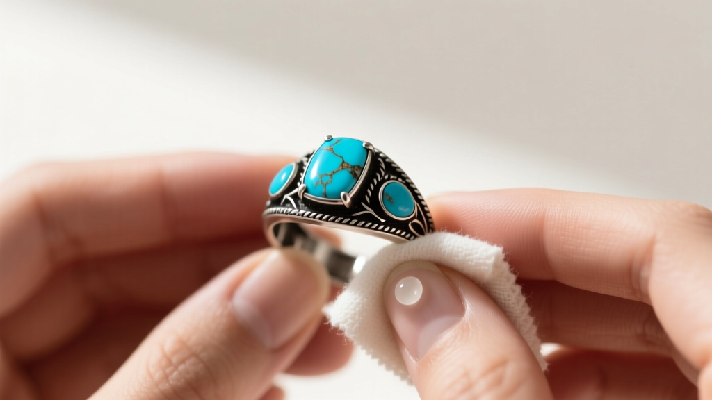 Hands using a soft microfiber cloth and mild soap to gently polish a heavily oxidized Nevada silver mine turquoise inlay ring