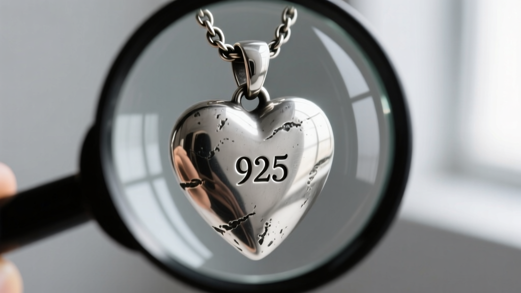 Loupe inspecting the 925 hallmark on a heavy cast silver heart pendant with a matte oxidized finish and thick soldered bail.
