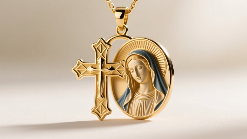 Macro shot of a dual-sided religious pendant showing a gold vermeil cross and detailed Virgin Mary portrait on the reverse side.