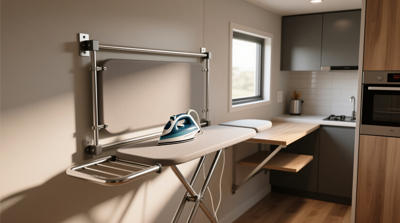 retractable ironing board in tiny home closets