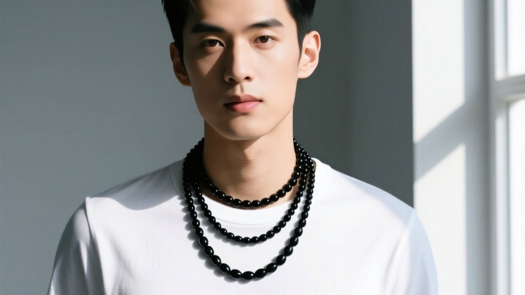 A man wearing three layered black seed bead necklaces of varying lengths over a crisp white t-shirt in bright natural sunlight