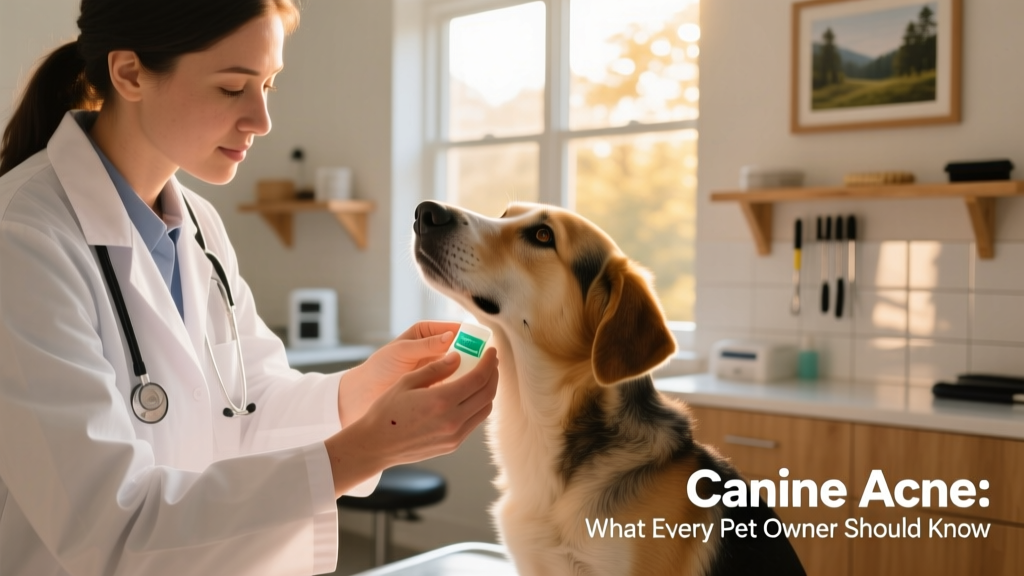 Veterinarian applying a topical gel to a dog's chin during an exam