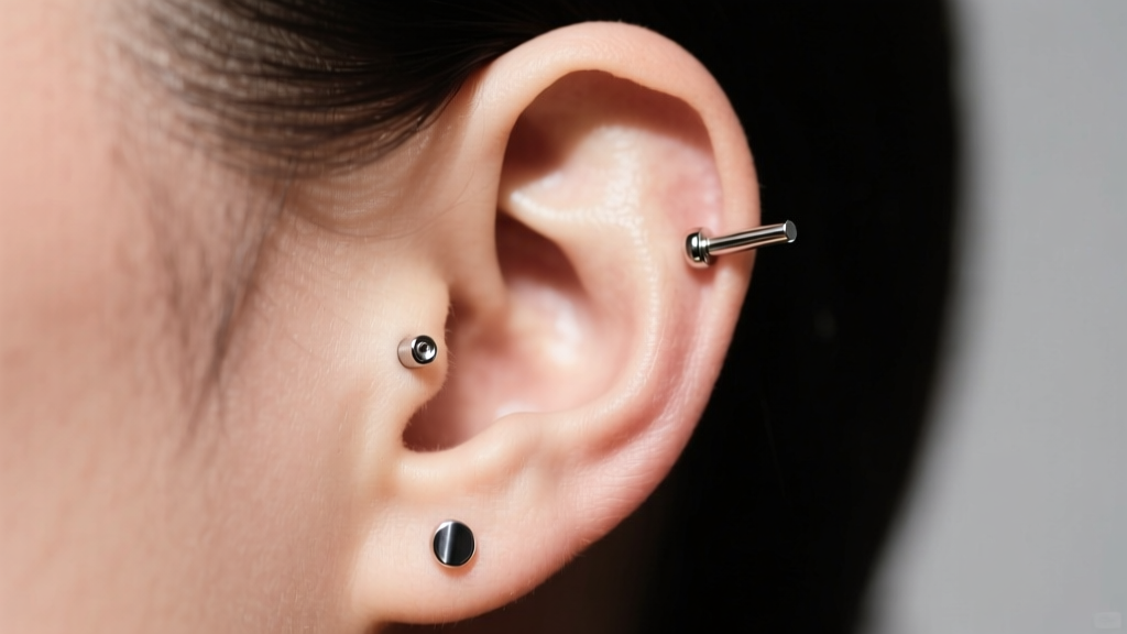 Side profile of an ear showing the exact placement of a surface tragus piercing next to a standard tragus flat-back labret stud.