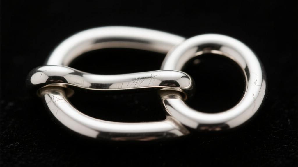 Macro shot of a 925 sterling silver toggle clasp with the T-bar inserted halfway through a 12mm O-ring against a dark background