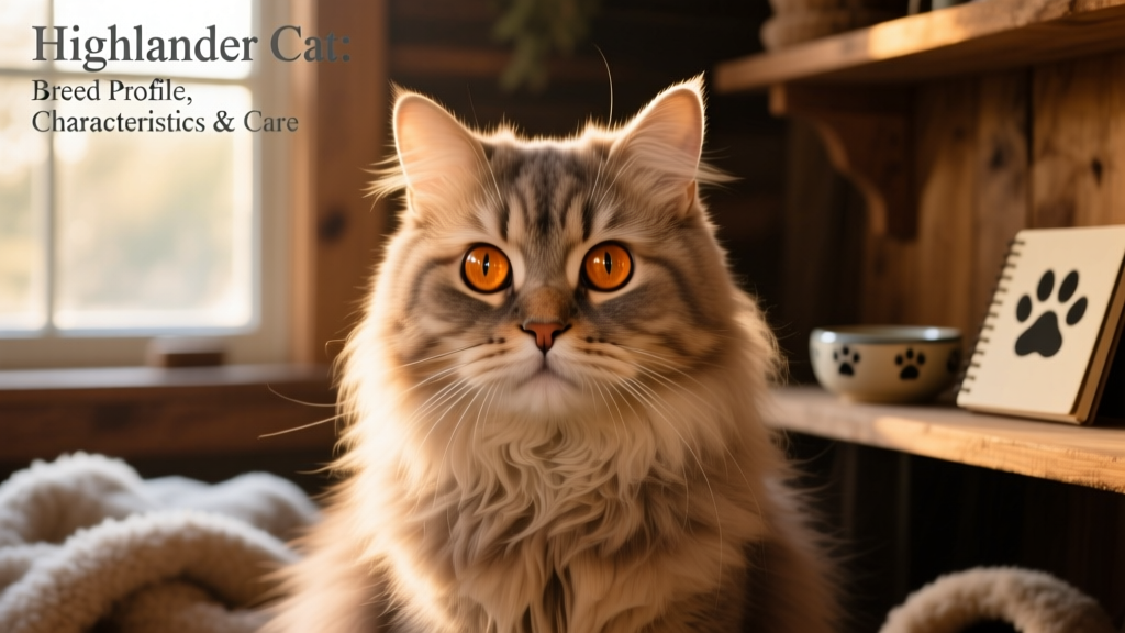 Close-up portrait of a Highlander cat highlighting its expressive eyes, curled ears, and confident stance