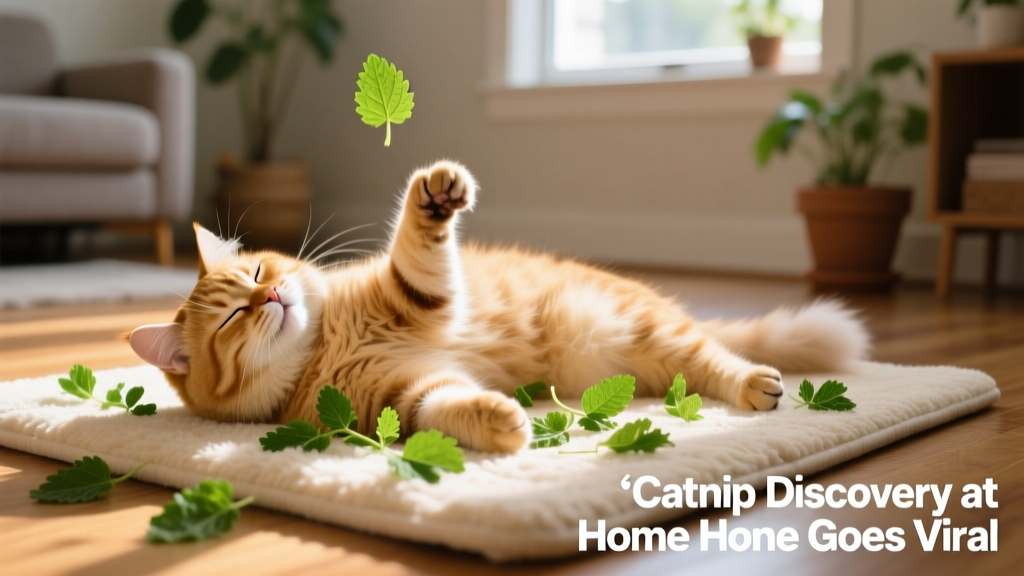 Happy indoor cat gently rolling on a soft mat sprinkled with fresh catnip leaves