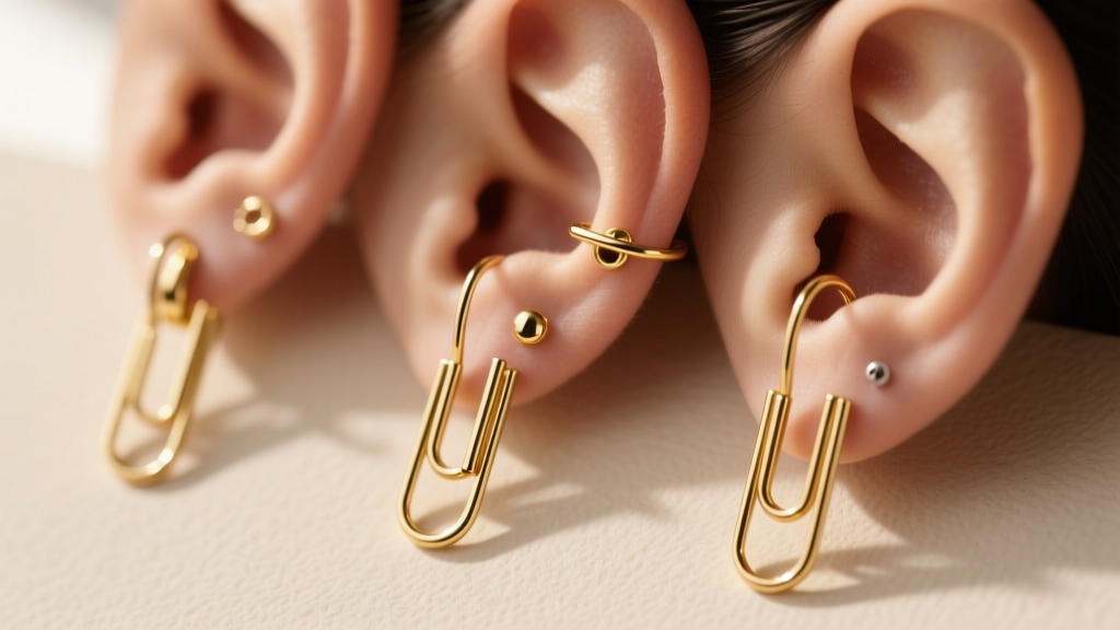 Macro shot of 14k gold paperclip earrings in varying drop lengths styled across three lobe piercings, illuminated by soft light.