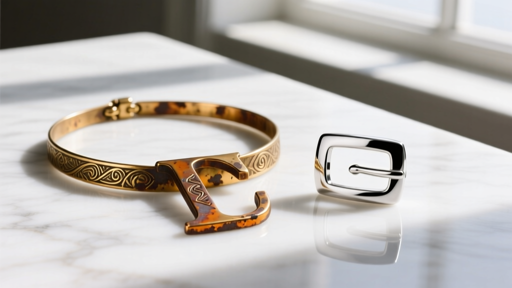 Flat lay of tarnished brass initial necklace next to pristine 925 sterling silver belt buckle pendant on a white marble surface