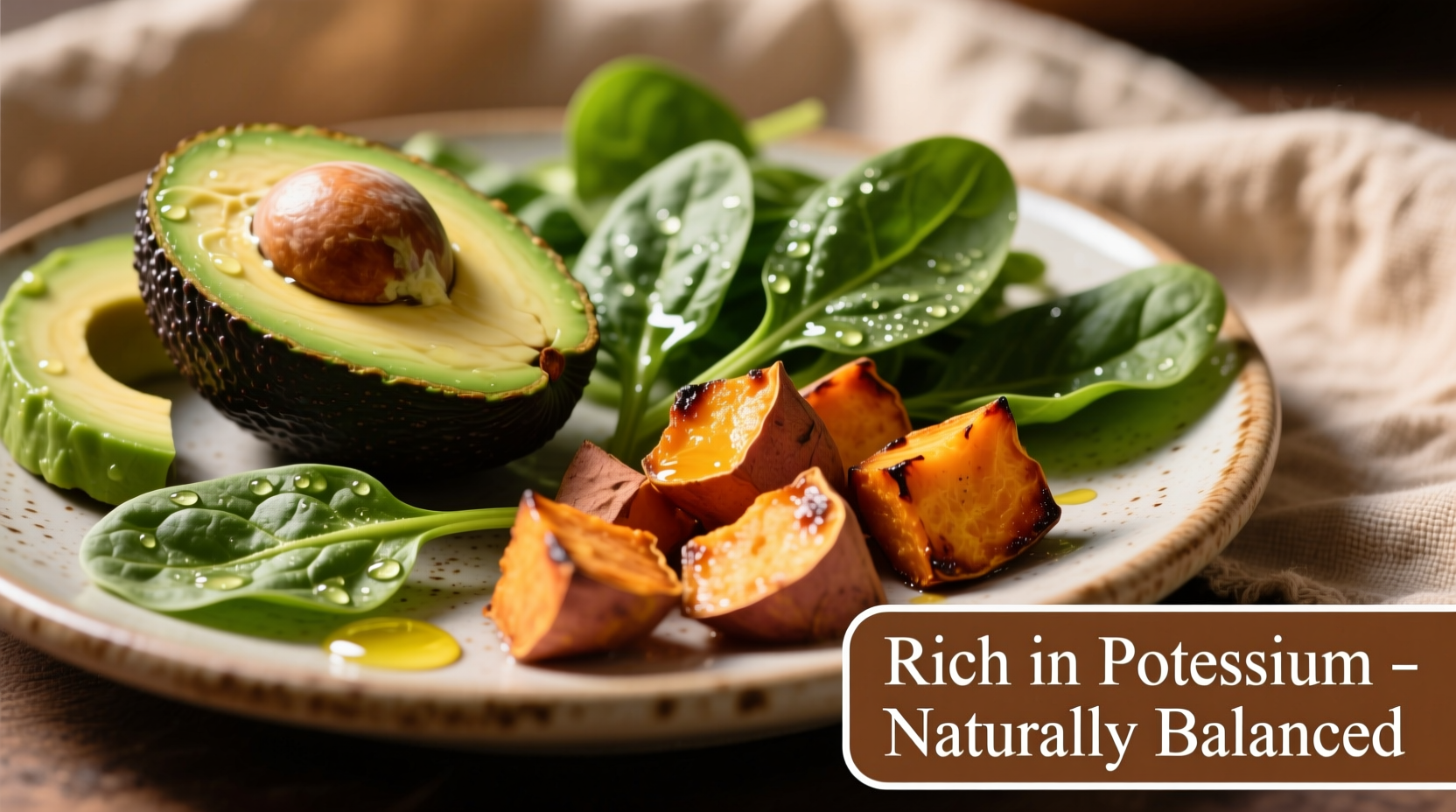 Colorful plate of potassium-rich foods including avocado, spinach, and sweet potato