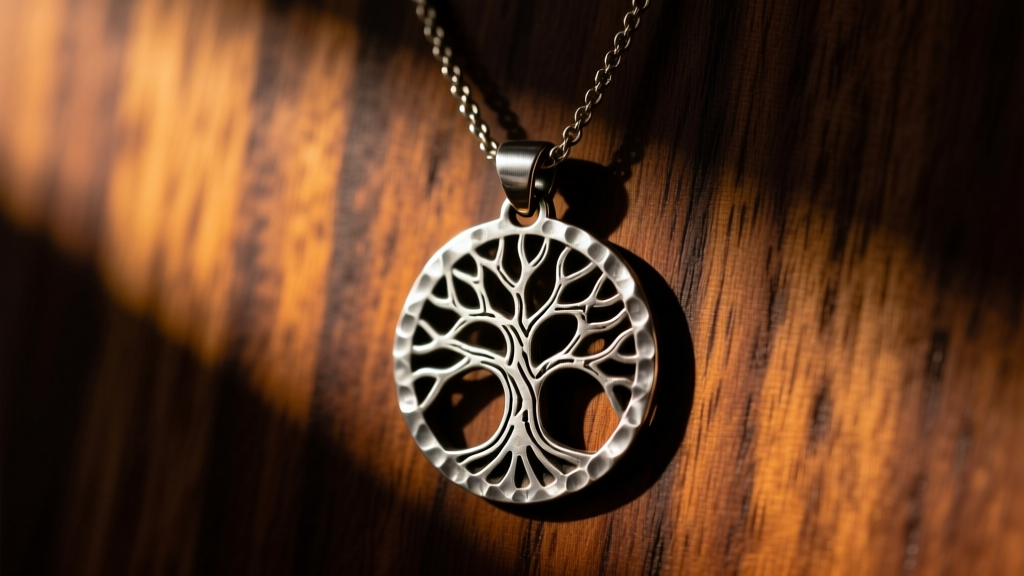 Hand-hammered recycled steel Haiti necklace pendant with tree of life motif on dark wood under soft warm studio lighting.