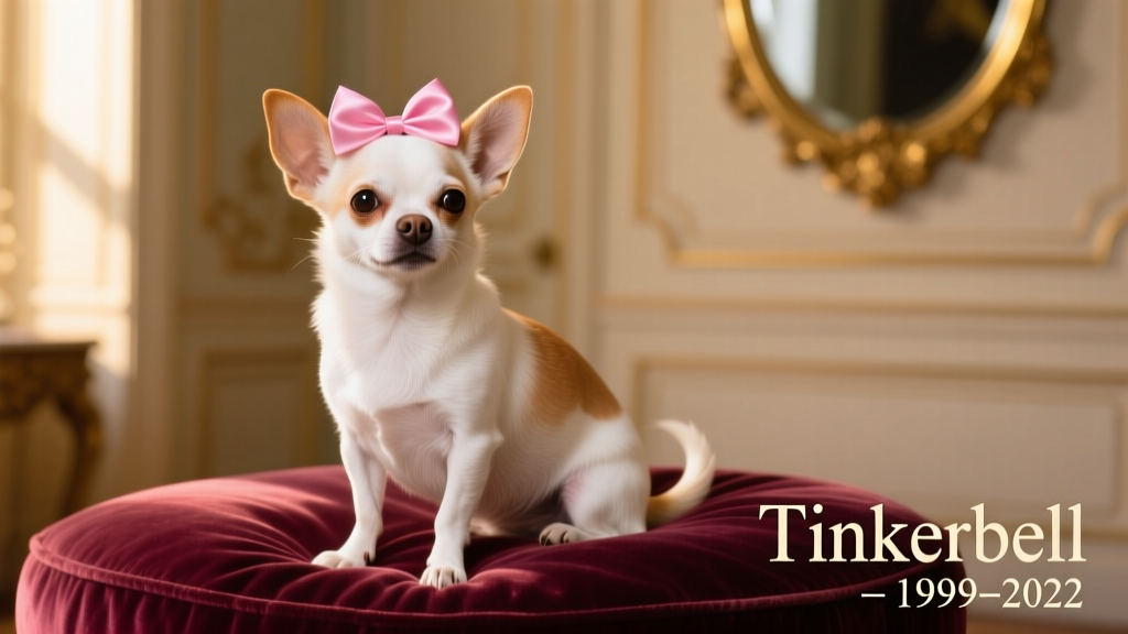 Tinkerbell the Chihuahua wearing a tiny pink bow, sitting on a velvet cushion