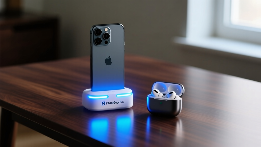 Open PhoneSoap Pro UV sanitizer revealing dual blue UV-C bulbs illuminating a smartphone and earbuds case on a dark walnut desk