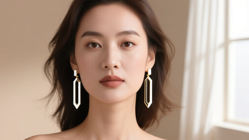Profile of a woman wearing linear white gold dangle earrings that elongate her round face against a soft, neutral studio backdrop.