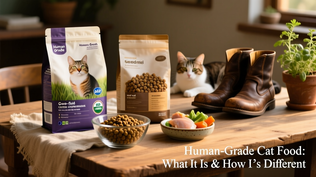 Side-by-side comparison showing labeled bags of human-grade cat food and standard kibble, highlighting clean ingredient lists and certifications