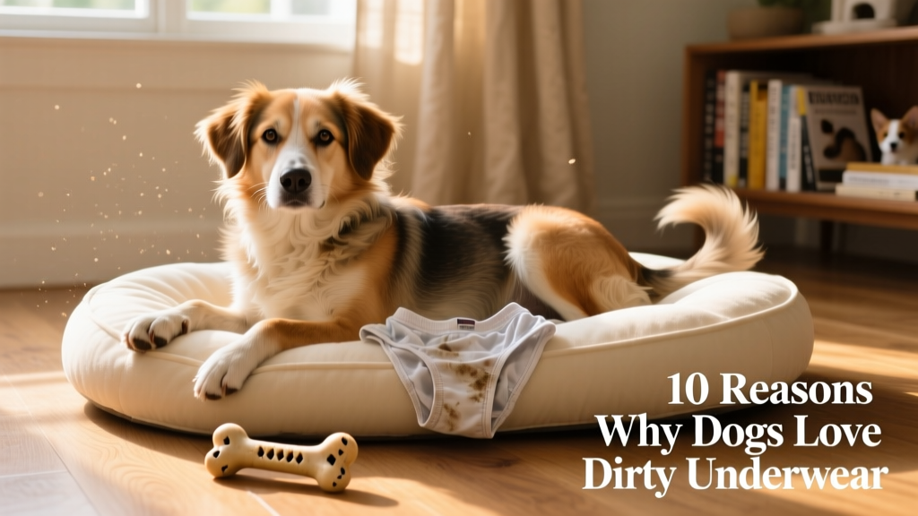 A dog lying calmly on a soft bed with a chew toy nearby, looking relaxed and engaged