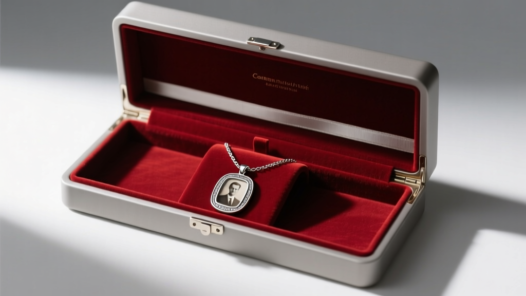 Jewelry storage box with anti-tarnish strips, containing a mens picture necklace safely tucked into a velvet-lined compartment.