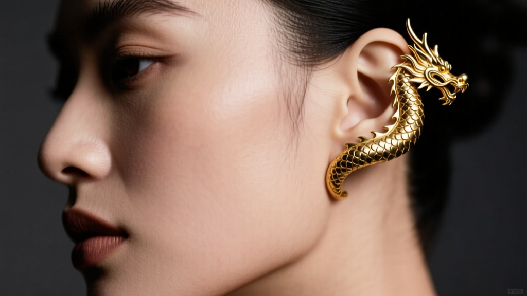 Close-up of a model wearing an articulated 18k gold dragon spine ear cuff wrapping around the cartilage, moody studio lighting.