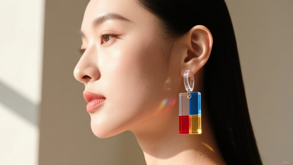 Side profile of a woman wearing a lightweight acrylic dangle earring on a clear plastic hook, highlighting her earlobe and jaw.
