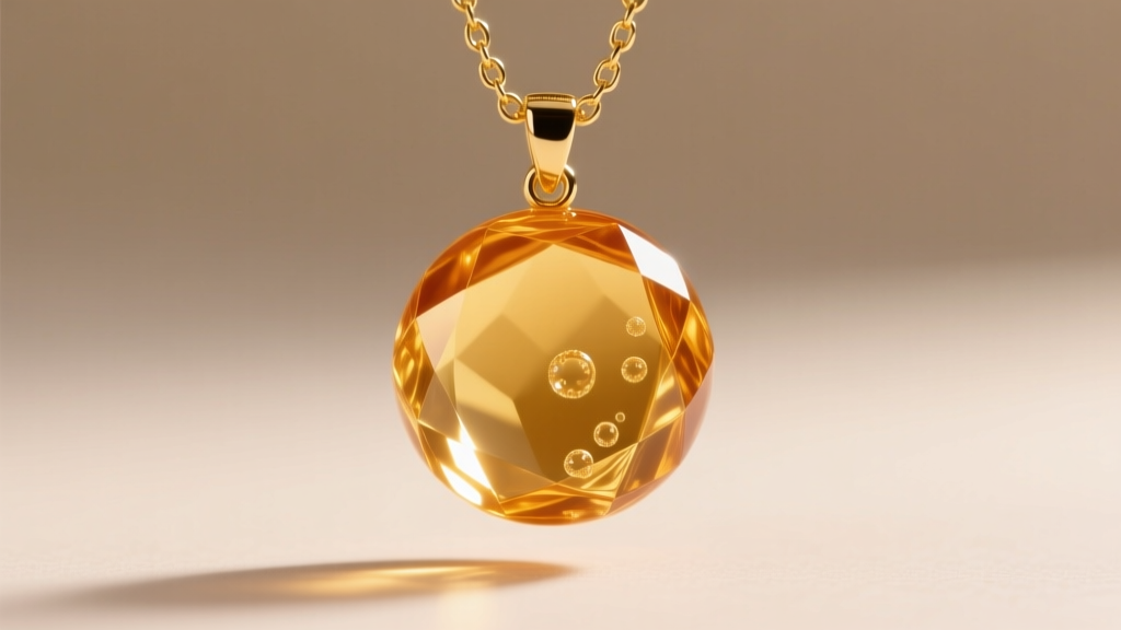 Macro shot of a glowing amber isomalt candy pendant on a gold chain, highlighting glass-like clarity and zero air bubbles