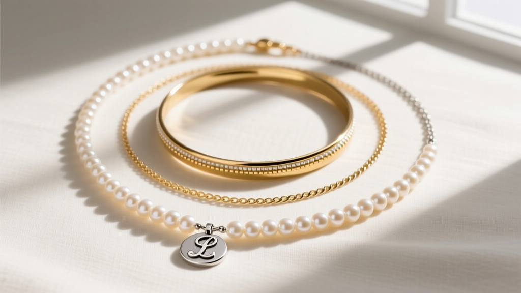Flat lay of a layered necklace stack featuring a 16-inch pearl initial necklace, a 14-inch gold choker, and an 18-inch chain.