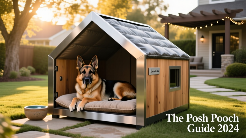 a German Shepherd resting comfortably inside a stylish, weatherproof luxury dog house outdoors
