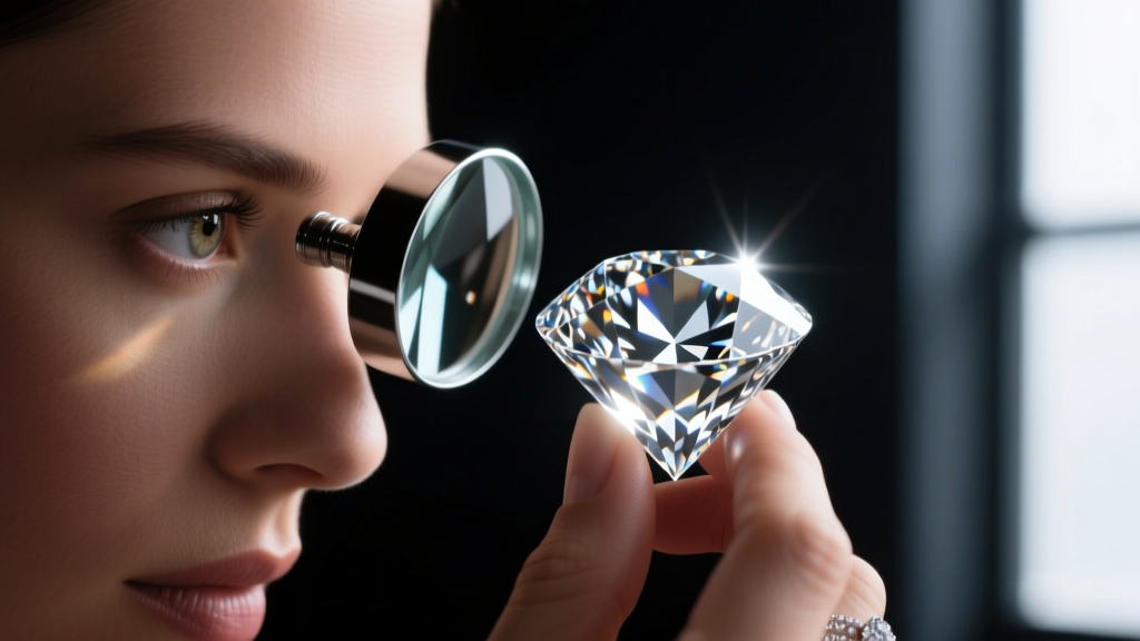 Jeweler holding a 10x loupe to their eye, inspecting the sharp facet junctions of a brilliant diamond against a dark background