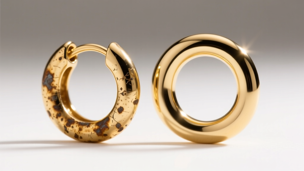 Macro shot comparing tarnished gold-plated huggie earring beside pristine solid 14k gold seamless hoop under bright studio lighting