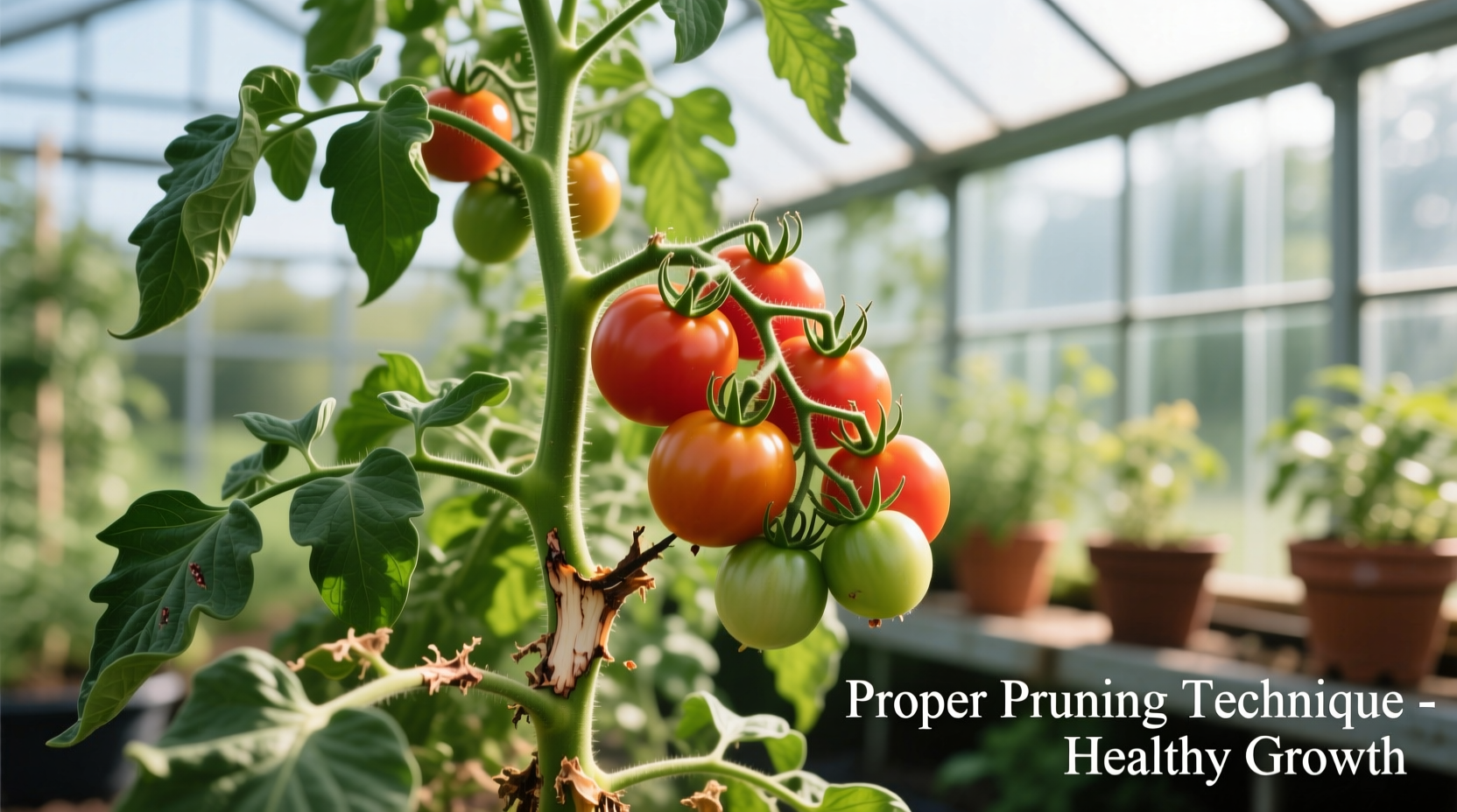 Healthy tomato plant with proper pruning cuts