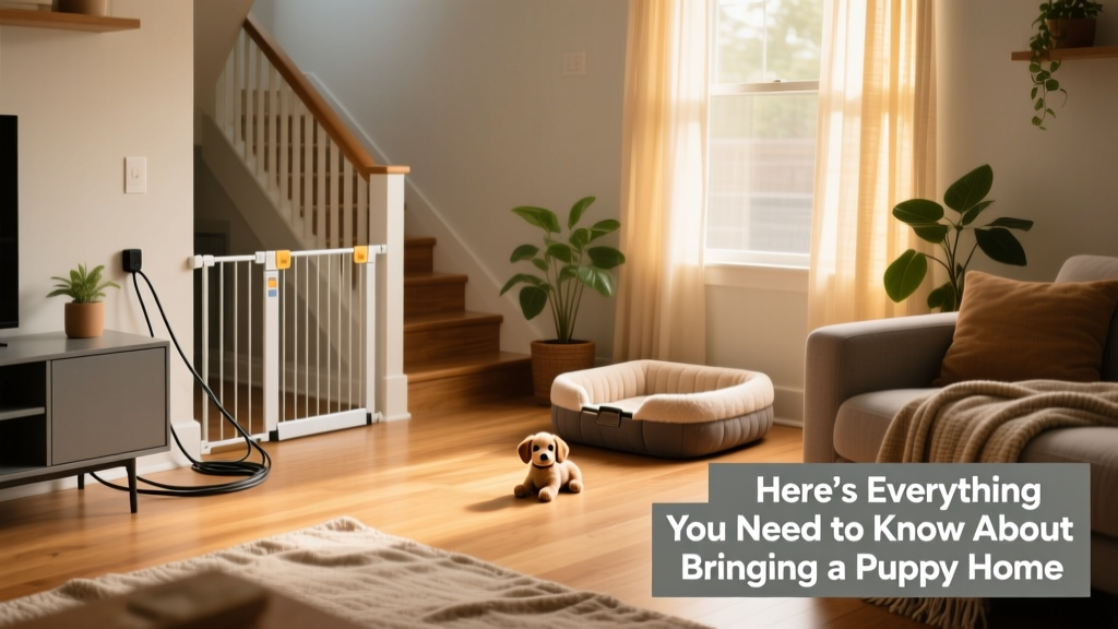 A neatly organized, puppy-safe living room with covered cords, gated-off stairs, and a cozy crate visible in the corner